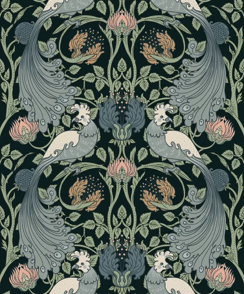 Floral vintage seamless pattern wit birds for retro wallpapers. Enchanted Vintage Flowers. Arts and Crafts movement inspired. Design for wrapping paper, wallpaper, fabrics — Stock Vector