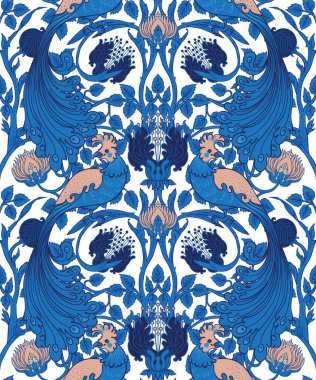 Çiçeksiz, dikdörtgen, eskimiş duvar kağıtları için ince zeka kuşları. Büyülü Vintage Çiçekleri. Sanat ve el sanatları hareketi ilham verici. Ambalaj kağıdı, duvar kağıdı, kumaş için tasarım