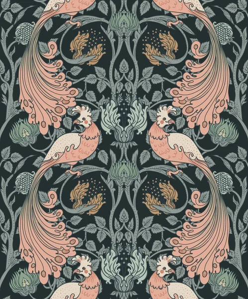 Floral vintage seamless pattern wit birds for retro wallpapers. Enchanted Vintage Flowers. Arts and Crafts movement inspired. Design for wrapping paper, wallpaper, fabrics — Stock Vector