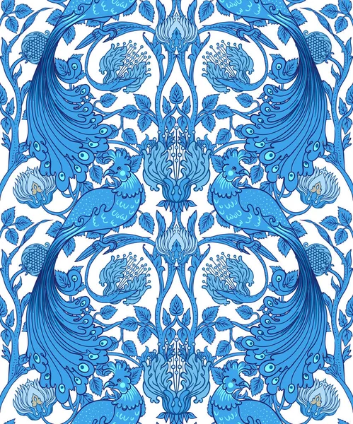 Floral vintage seamless pattern wit birds for retro wallpapers. Enchanted Vintage Flowers. Arts and Crafts movement inspired. Design for wrapping paper, wallpaper, fabrics
