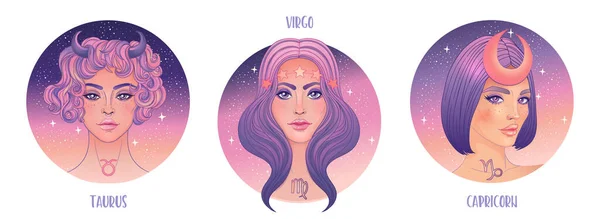 Zvěrokruh dívek: Země. Vektorové ilustrace Taurus, Kozoroh a Panna astrologické znamení jako krásná žena. Budoucí vyprávění, horoskop. — Stockový vektor