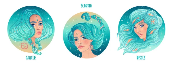 Zodiaque filles ensemble : Eau. Illustration vectorielle de Poissons, Cancer et Scorpion signes astrologiques comme une belle femme. Raconter l'avenir, horoscope. — Image vectorielle