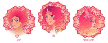 Zodiac kızları: yangın. Aries, Leo ve Yay astrolojik işaretlerini, güzel bir kadın olarak, yuvarlak desenli mandala üzerinde izole eden vektör çizimi..