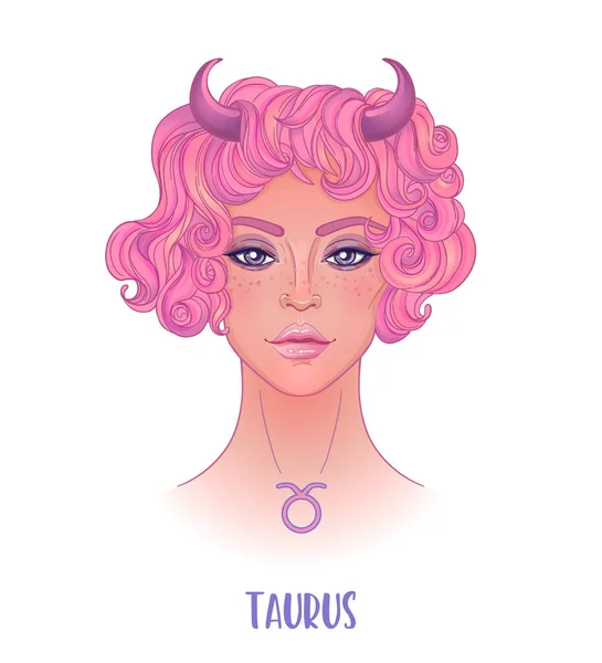 Ilustración de Tauro signo astrológico como una chica hermosa. Ilustración vectorial del zodíaco aislada en blanco. — Vector de stock