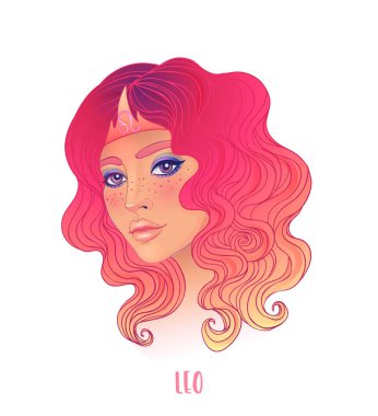 Leo astrolojik işaretinin güzel bir kız olarak resmedilmiş hali. Zodiac vektör çizimi beyaza izole edildi.
