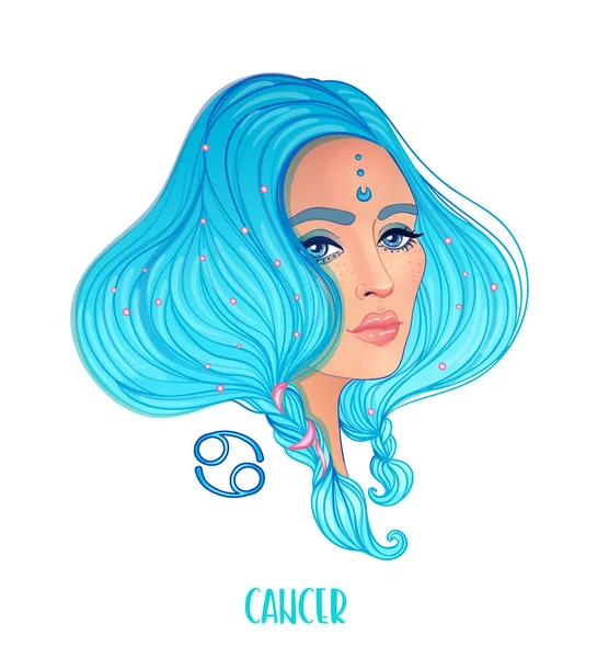 Illustration du signe astrologique Cancer comme une belle fille. Illustration vectorielle du zodiaque isolée sur blanc. — Image vectorielle