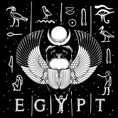 Scarabaeus sacer, bok böceği. Eski Mısır 'ın kutsal sembolü. Süslü püslü böcekler. Siyah bir beyaz vektör çizimi.