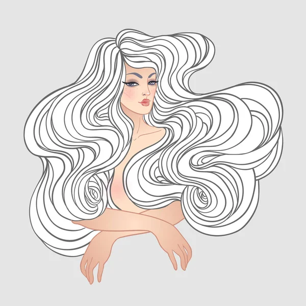 Tribal Fusion Boho Diva. Schöne göttliche Mädchen mit langen lockigen Haaren. Böhmische Göttin. Handgezeichnete kunstvolle Illustration. — Stockvektor