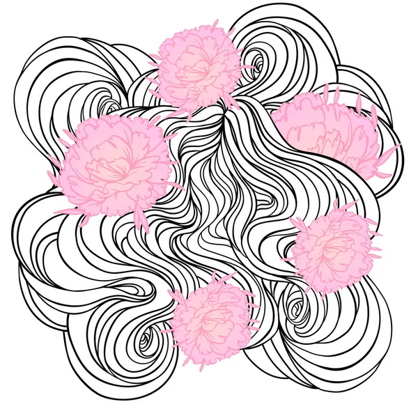 Διάνυσμα αφηρημένο ζωγραφισμένο στο χέρι μοτίβο με κύματα, σύννεφα και λουλούδια παιώνιος — Διανυσματικό Αρχείο
