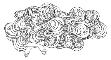 Kabile Füzyonu Boho Diva. Uzun kıvırcık saçlı güzel ilahi kız. Bohem tanrıça. El çizimi süsleme.