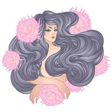 Kabile Füzyonu Boho Diva. Şakayıklı güzel ilahi kız. Bohem tanrıça. El çizimi illüstrasyon.