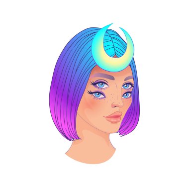 Gotik cadı kızın dört gözlü portresi. Vektör renk çizimi. Cadılar Bayramı kostüm fikri, dövme, garip, psikedelik posterler, tişörtler ve tekstil..