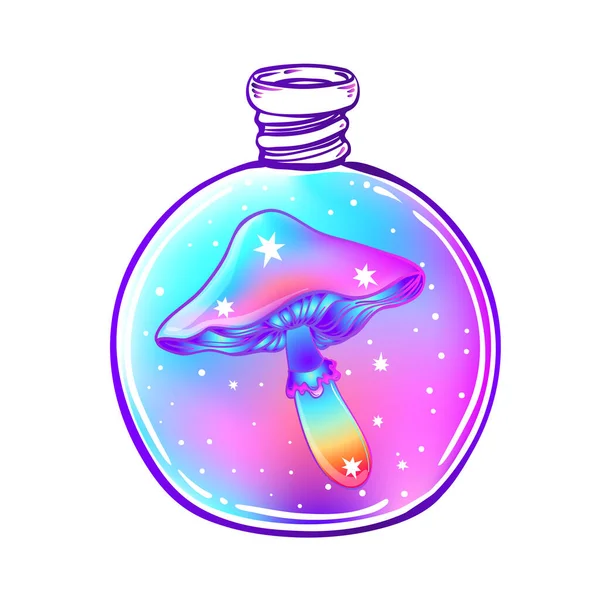 Potion magique : pot de bouteille bleu avec champignon et étoiles brillantes à l'intérieur. Illustration vectorielle isolée sur blanc. — Image vectorielle