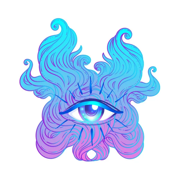 Seraphim mit blauem Auge. Psychedelische Halluzination. Lebendige Vektorillustration. 60er Jahre Hippie bunte Kunst in rosa Pastelltönen auf Weiß. — Stockvektor