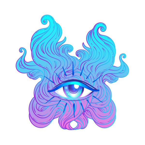 Seraphim with Blue Eye. Psychedelic hallucination. Vibrant vector illustration. 60s hippie colorful art in pink pastel goth colors isolated on white.
