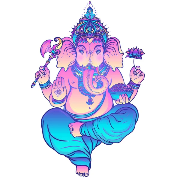 Vacker handritad elefant i stamstil. Färgglad design med boho mönster, psykedeliska ornament. Etnisk affisch, andlig konst, yoga. Indiska guden Ganesha, Indiska symbolen. — Stock vektor