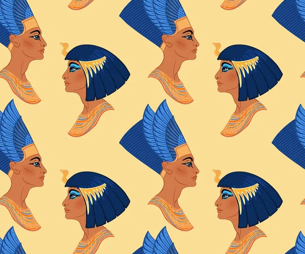 Egyptische schoonheidskoningin Cleopatra en Nefertiti. Naadloos patroon. Koningin van Egypte, beroemdste vrouwen in de geschiedenis. Illustratie in vector. — Stockvector