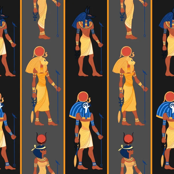 Eski Mısır. Mısırlı tanrılarla klasik, dikişsiz desen. Retro vektör çizimi tekrarlıyor. Ra, Isis, Anubis, Sekhtmet. — Stok Vektör