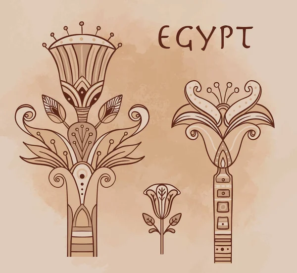 Egyptische bloemmotief element gezet over beige grunge achtergrond. Lotus bloem, vector teken, symbool, logo illustratie. — Stockvector