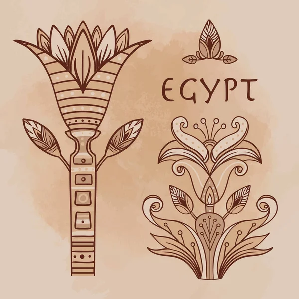 Egyptische bloemmotief element gezet over beige grunge achtergrond. Lotus bloem, vector teken, symbool, logo illustratie. — Stockvector