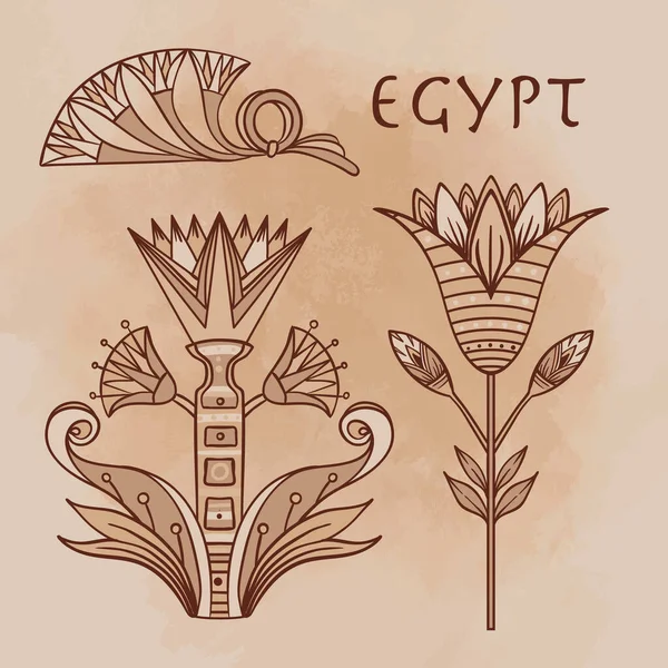 Египетский цветочный дизайн элемент установлен на бежевом фоне гранж. Цветок лотоса, векторный знак, символ, иллюстрация логотипа. — стоковый вектор