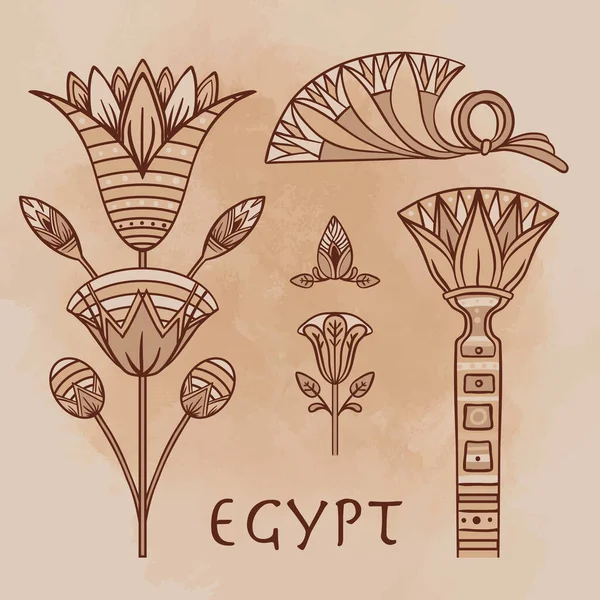 Египетский цветочный дизайн элемент установлен на бежевом фоне гранж. Цветок лотоса, векторный знак, символ, иллюстрация логотипа. — стоковый вектор