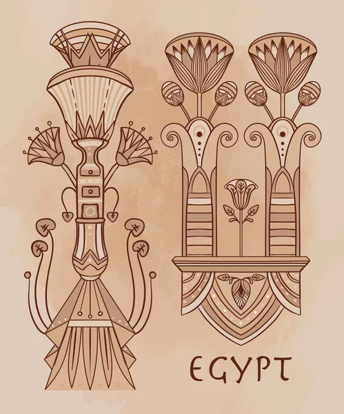 이집트의 꽃 디자인 요소는 베이지 색 배경 위에 설정되어 있다. 연꽃, 벡터 부호, 기호, 로고 삽화. — 스톡 벡터