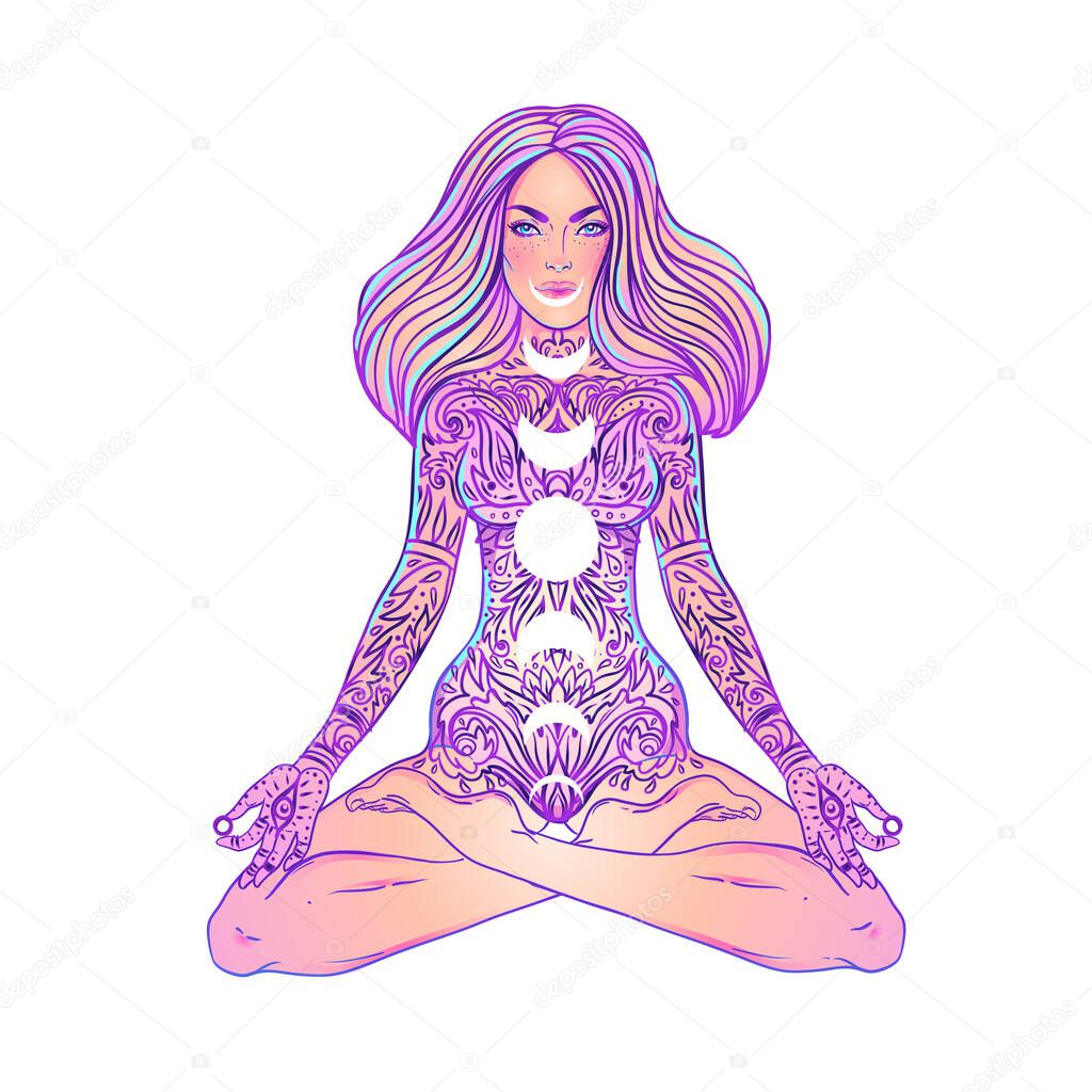 Young woman sits in lotus yoga position. Triple moon and stars inside girl. Free mind concept. Vector illustration of meditation.