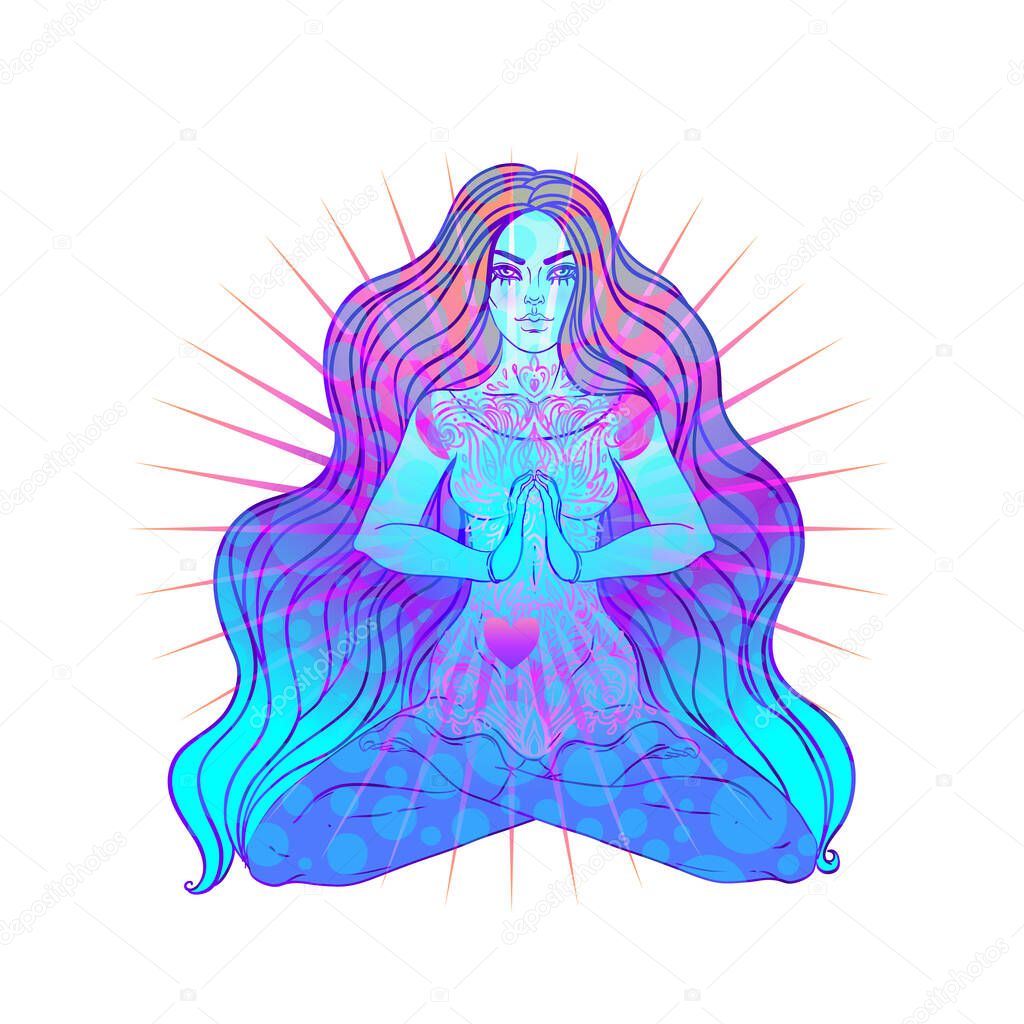 Beautiful Girl sitting in lotus position over ornate colorful neon background. Vector illustration. Psychedelic mushroom composition. Buddhism esoteric motifs.