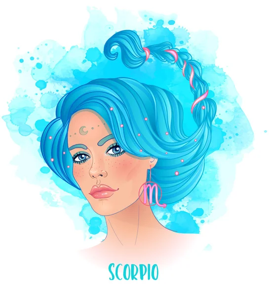 Escorpião signo astrológico como uma menina bonita. Ilustração vetorial sobre fundo aquarela isolado em branco. Moda mulher do zodíaco conjunto. — Vetor de Stock