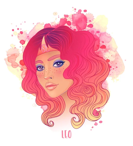 Leo astrological sign as a beautiful girl. Vector illustration over watercolor background isolated on white. Fashion woman zodiac set. — Stock Vector
