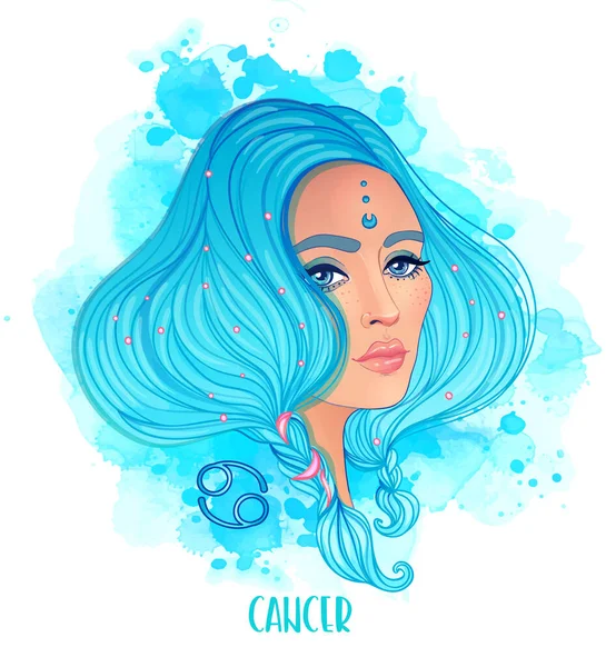 Câncer signo astrológico como uma menina bonita. Ilustração vetorial sobre fundo aquarela isolado em branco. Moda mulher do zodíaco conjunto. — Vetor de Stock