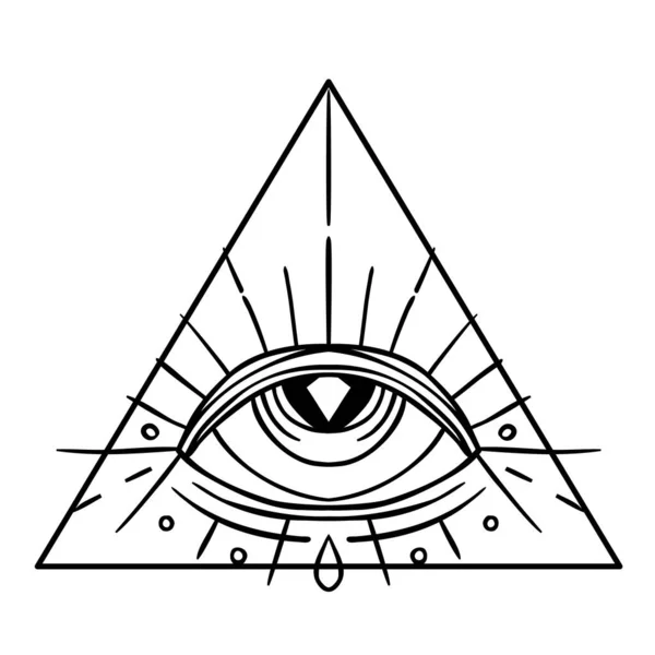Försynens öga. Frimurarsymbol. Alla ser ögat inuti triangeln pyramid. Den nya världsordningen. Handritad alkemi, religion, andlighet, ockultism. Isolerad vektor illustration. — Stock vektor