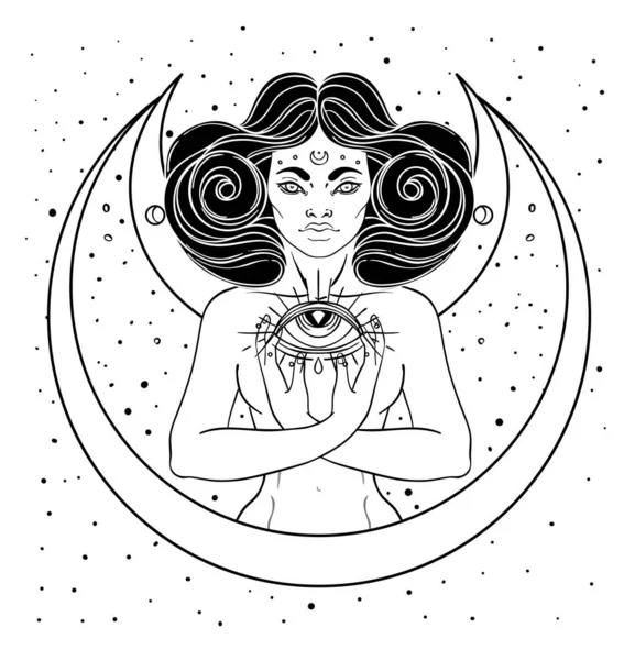 African American magic woman holding all seeing eye with rays. Vector Illustration. Mysterious black girl over sacred geometry symbols and wings. Alchemy, occultism, tattoo art. — Stock Vector