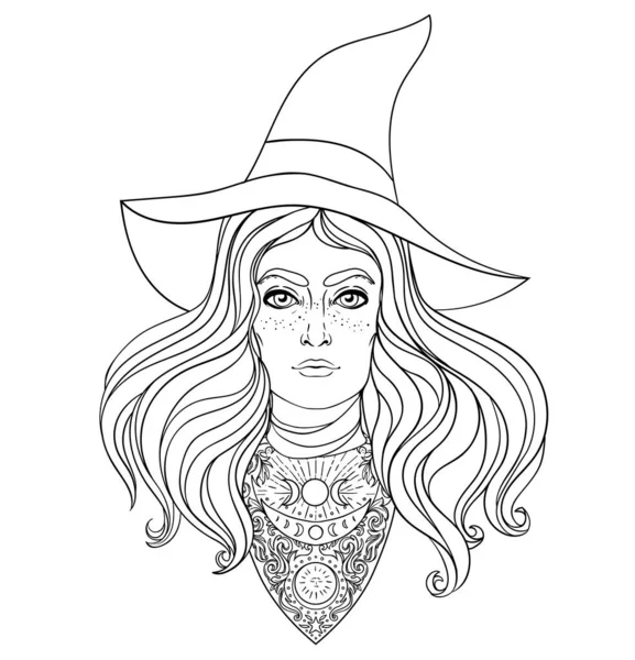 Wicca heks. Vector Illustratie in zwart-wit. Jonge vrouw met lang blond haar en magische hoed. Alchemie, tatoeage kunst, t-shirt ontwerp, volwassen magie kleurboek. — Stockvector