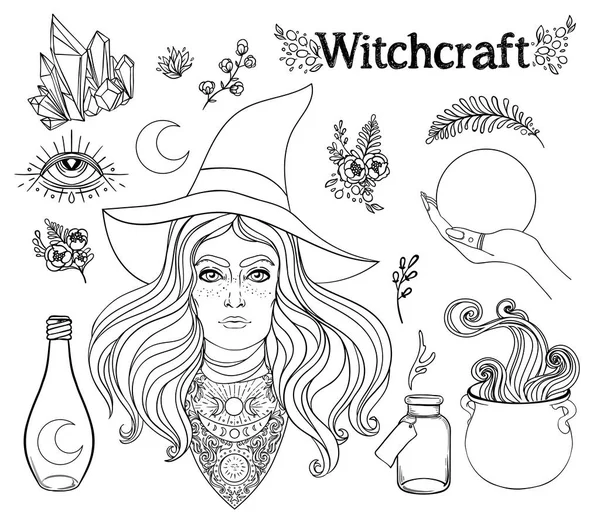 Witchcraft set. Ouija planchette , cauldron, crystal ball, poison bottle, herbs and flowers. Vector illustration isolated on white. Gothic design, magician symbol in black outlines. — Stock Vector