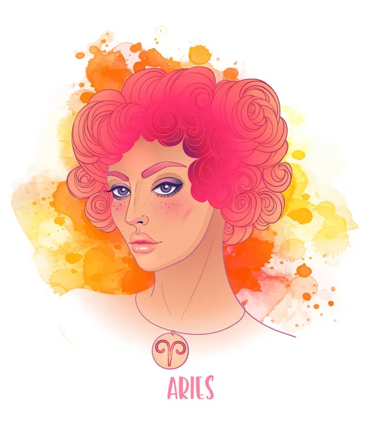 Aries signo astrológico como uma menina bonita. Ilustração vetorial sobre fundo aquarela isolado em branco. Moda mulher do zodíaco conjunto. —  Vetores de Stock