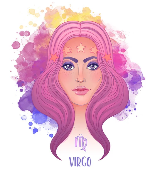 Virgo astrological sign as a beautiful girl. Vector illustration over watercolor background isolated on white. Fashion woman zodiac set. — Stock Vector