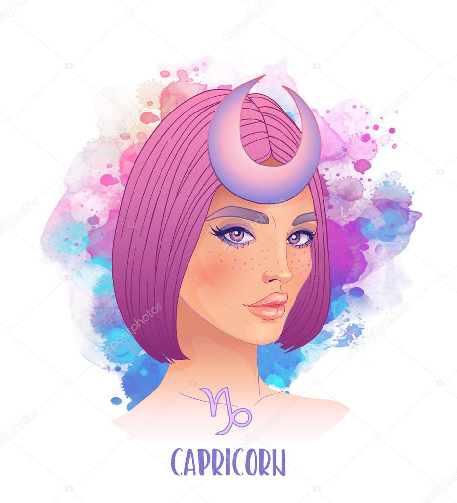 Capricorn astrological sign as a beautiful girl. Vector illustration over watercolor background isolated on white. Fashion woman zodiac set.