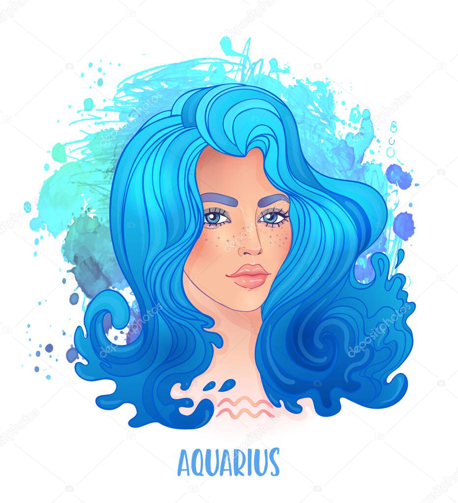 Aquarius astrological sign as a beautiful girl. Vector illustration over watercolor background isolated on white. Fashion woman zodiac set.