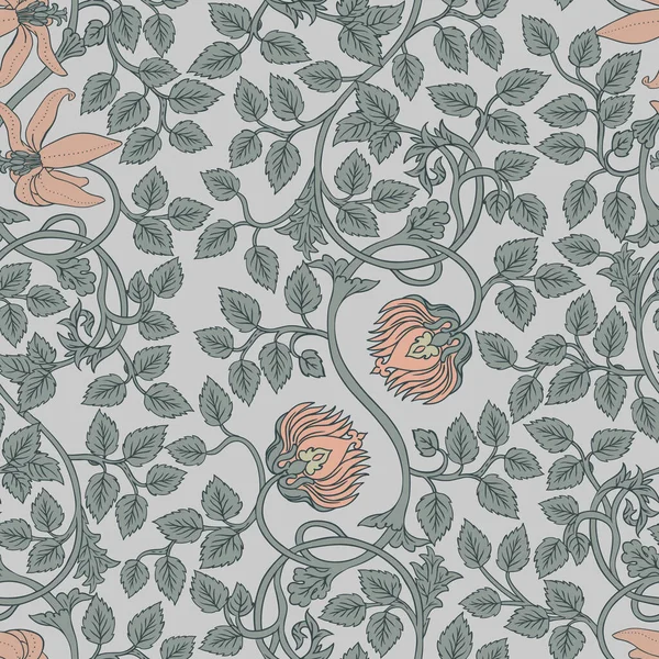 Motivo floreale vintage senza cuciture per sfondi retrò. Fiori d'epoca incantati. Movimento di arti e mestieri ispirato. Design in stile William Morris — Vettoriale Stock