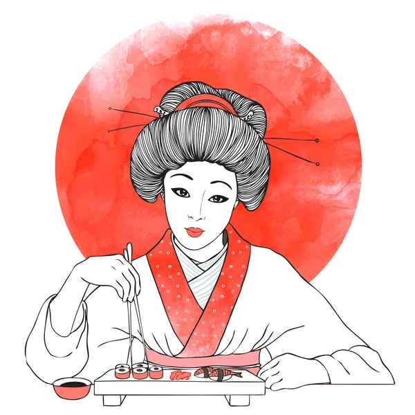 Japonesa chica disfrutar sushi — Vector de stock