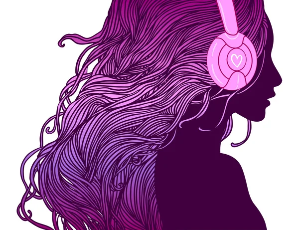 Chica DJ con el pelo largo en los auriculares — Vector de stock