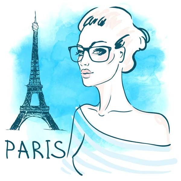 Mujer francesa con Torre Eiffel en el fondo — Vector de stock