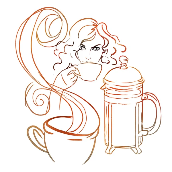 Chica bebiendo café o té de la mañana . — Vector de stock