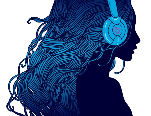 Chica DJ con el pelo largo en los auriculares — Vector de stock