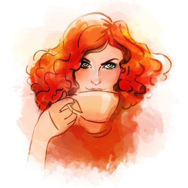 Chica bebiendo café o té de la mañana . — Vector de stock