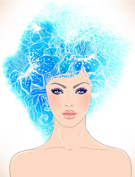 Belle fille avec aquarelle cheveux floraux — Image vectorielle
