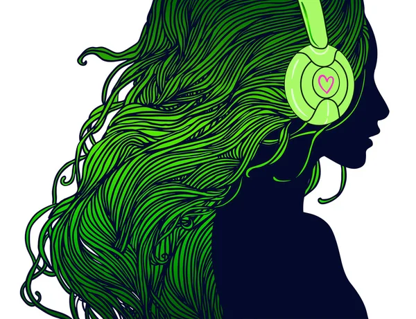 DJ fille avec les cheveux longs dans les écouteurs — Image vectorielle