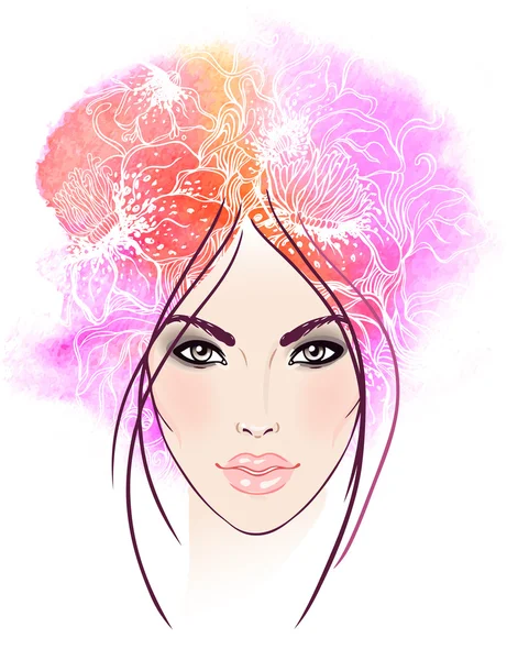 Hermosa chica con acuarela pelo floral — Vector de stock